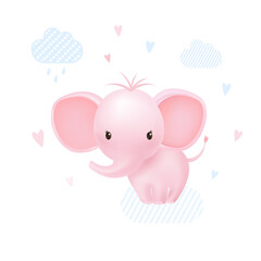 Pink baby girl elephant happy with hearts and clouds. 