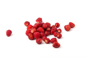 Macro view wild strawberry on white background. Forest red berries