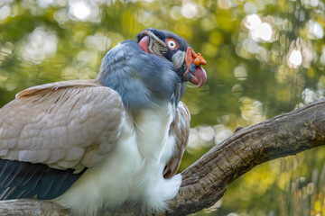 Portrait of a King Vulture sitting on a branch on a blurred background. (Sarcoramphus papa).It inhabits mostly lowland forests and steppes from Mexico to northern Argentina. 