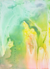 Abstract composition, picturesque background. Green, yellow, orange and pink spots of watercolor paint on a delicate background, watercolor painting for your banner or cover design, packaging.