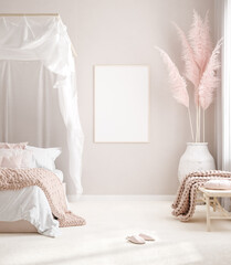Mockup frame in pastel pink bedroom interior background, Scandi-Boho style, 3d render © artjafara