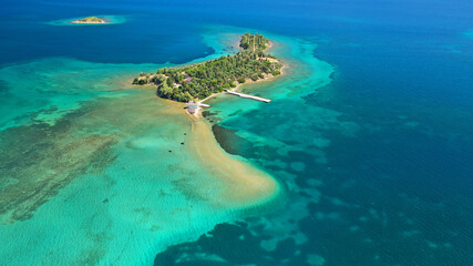 Aerial drone photo of tropical exotic island of Agia Triada in Evian bay next to famous seaside village of Eretria, central Evia island, Greece