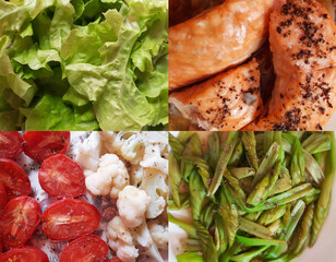 Four separate frames of several kind of foods, set of colorful healthy food for use as background.