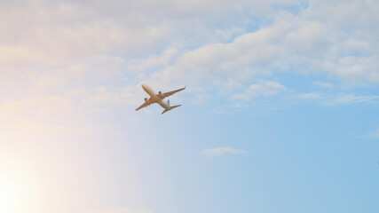 Fototapeta na wymiar The plane takes off against the sunset sky.