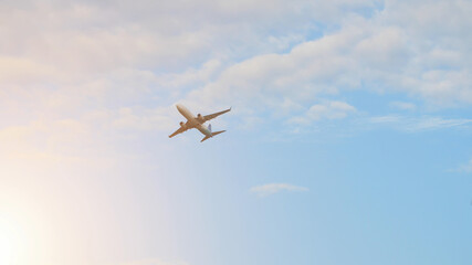The plane takes off against the sunset sky.
