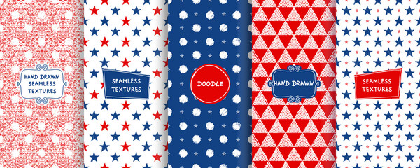 Set of seamless hand drawn patterns for backgrounds, business cards, web design. Abstract patterns in polka dot, from triangles, stars with trendy modern labels on bright background. Vector 