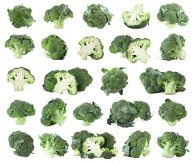 Set of fresh green broccoli on white background