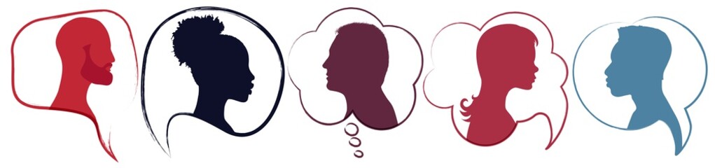 Speech bubble.Diversity people.Silhouette heads people in profile.Talking dialogue and inform.Communicate between a group of multiethnic and multicultural people who talk and share ideas