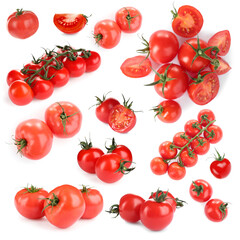 Set with delicious ripe cherry tomatoes on white background