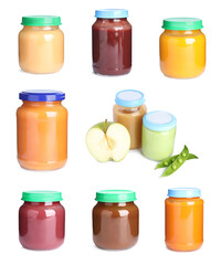 Set with different jars of baby food on white background