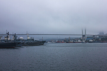 Sea port, ships, bridge.