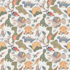 Seamless pattern on gray background  of dinosaurs with Tyrannosaur Diplodocus Pterosaur Rhamphorhynchus Triceratops. Ankylosauru. Quetzalcoatl Spinosaurus Pteranodon parazaulor. Dinasaur eggs Rocks © Ульяна Шабанова