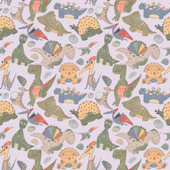 Seamless pattern on pink background  of dinosaurs with Tyrannosaur Diplodocus Pterosaur Rhamphorhynchus Triceratops. Ankylosaurus. Quetzalcoatl Spinosaurus Pteranodon Parasaurolophus © Ульяна Шабанова