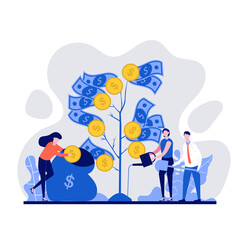 Business people growing, planting and watering a money tree. They are working together and doing profitable business. Vector illustration for business, finance, investment, growth, prosperity concept