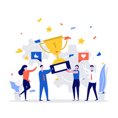 Successful business team concept. Happy business people holding prize winner cup and celebrating achievement. Modern flat style illustration for teamwork and award concept