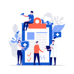 People with doctor advertising health insurance. Insurance broker offer coverage of life. Modern flat style illustration for healthcare, medical service, protection and security concept.