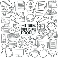 Electronic Learning doodle icon set. Online School Vector illustration collection. Hand drawn Line art style.