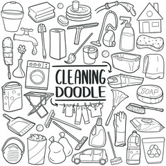 Cleaning Home doodle icon set. Cleanup House Tools Vector illustration collection. Hand drawn Line art style.