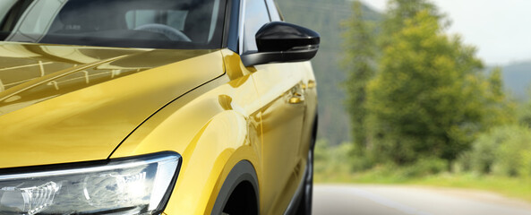 Road trip. Car driving on highway, banner design