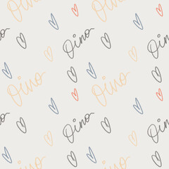 Seamless pattern on gray background with pencil hearts and word Dino