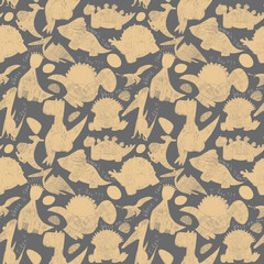 Seamless pattern on dark gray background  of dinosaurs with Tyrannosaur Diplodocus Pterosaur Rhamphorhynchus Triceratops Ankylosaurus Quetzalcoatl Spinosaurus Pteranodon Parasaurolophus © Ульяна Шабанова