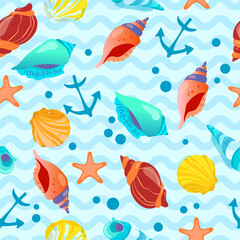Fototapeta na wymiar Seamless pattern with seashells, anchor and bubbles on wavy background