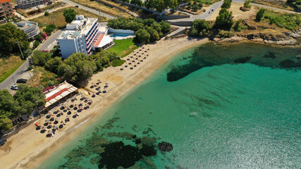Fototapeta premium Aerial drone photo of famous seaside town and port of Karistos in South Evia island, Greece