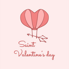 card for Valentine's Day with a heart in the form of balloon, Feb 14th logo heart ,love logotype.light, airy, floating balloon boom.Valentine's Day, romantic love postal, card, postcard, hand drawn,14