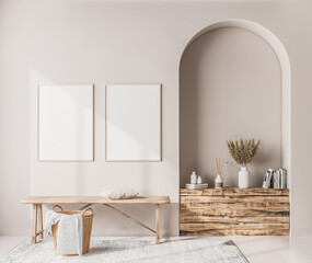 Interior poster mock up with vertical wooden frames, wooden bench, rattan basket and stylish home accessories on white wall background. Scandinavian style 3D render © lilasgh