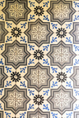 Horizontal full frame of white, brown, and blue Mexican antique floor ceramic tiles in the interior of a church from the 1700's in the state of Oaxaca, Mexico