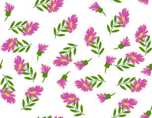 seamless vector flowers with leaves pattern on  white background