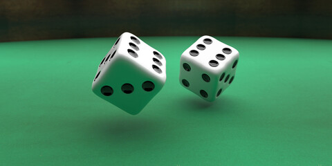 Dice flying over green felt background, 3d illustration
