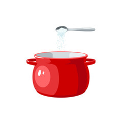 Food preparation. Spoon pouring salt into red saucepan. Kitchen utensil. Vector illustration cartoon flat icon isolated on white background.