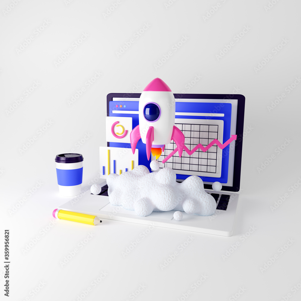 Poster launching new product or service. technology development process. space rocket launch. 3d render