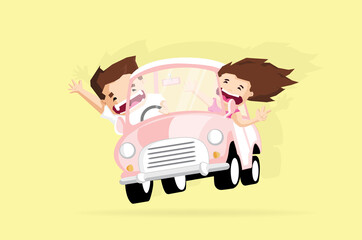 Cheerful couple traveler put hands up and smile when drive car