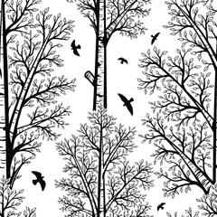 Foto op Plexiglas Berken Vector zwart-wit berkenbomen naadloos patroon