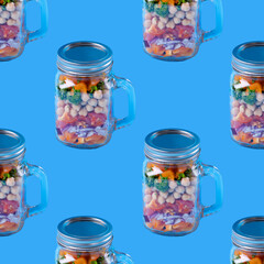 Seamless pattern with layered salad with chickpea in glass jar