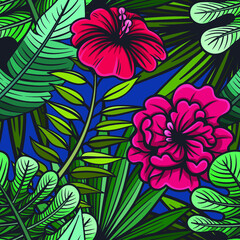 Vector Color Tropical Flowers Seamless Pattern