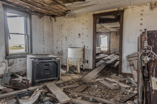 remnants of the interior of an old abandoned farm house