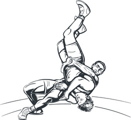 Vector Black and White Freestyle Wrestling Illustration