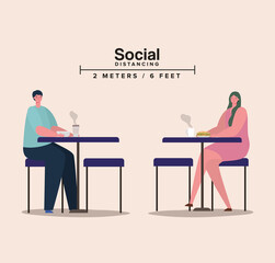 Social distancing between woman and man on tables with coffee mugs design of Covid 19 virus theme Vector illustration