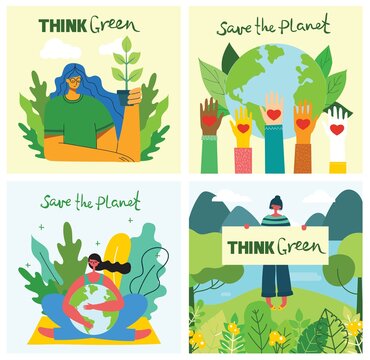 Set of eco save environment pictures. People taking care of planet collage. Zero waste, think green, save the planet, our home hand written text.
