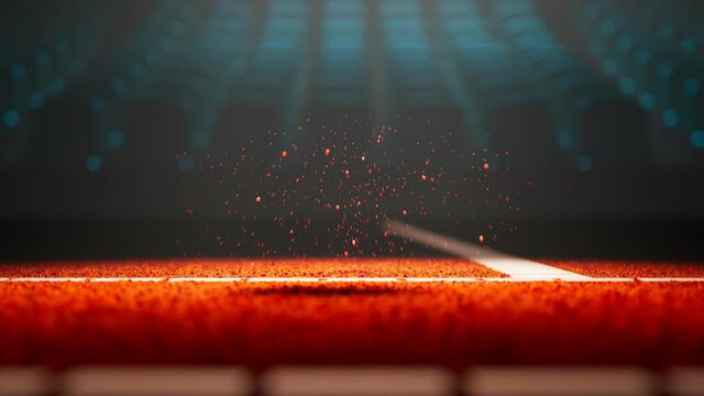 Endless animation of a tennis ball bouncing on the orange court. Slow-motion.