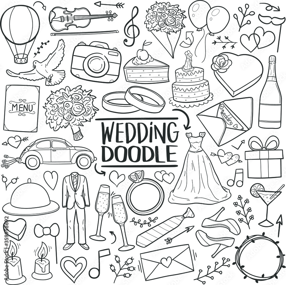 Wall mural Wedding Just Married Traditional Doodle Icons Sketch Hand Made Design Vector - Wall murals