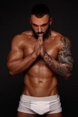 Sexy closeup portrait of handsome topless male model with beautiful eyes. Sexy man or muscular...