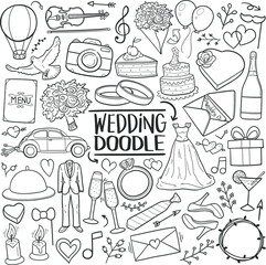 Wedding Just Married Traditional Doodle Icons Sketch Hand Made Design Vector