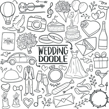 Wedding Just Married Traditional Doodle Icons Sketch Hand Made Design Vector