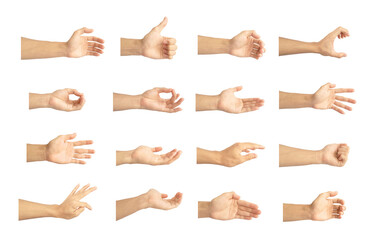 hand collection in gestures with white skin isolated on white background