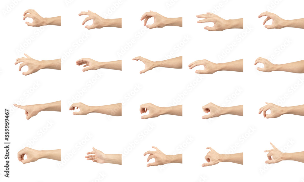 Wall mural hand collection in gestures with white skin isolated on white background