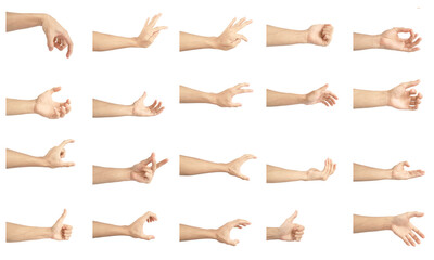 left hand multiple collection of asian in gestures with white skin isolated on white background